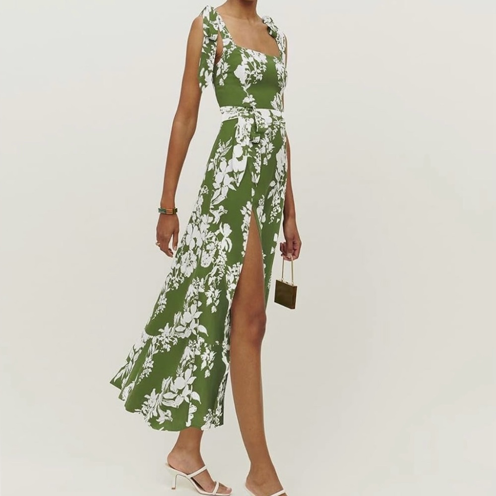 LYANER Tie Shoulder Strap Square Neck Floral Green Maxi Dress, Medium